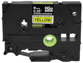 BROTHER MOBILE, HG EXTRA STRENGTH ADHESIVE TAPES, (5 PACK) - 0.35 IN X 26.2 FT (9MM X 8M) BLACK ON YELLOW